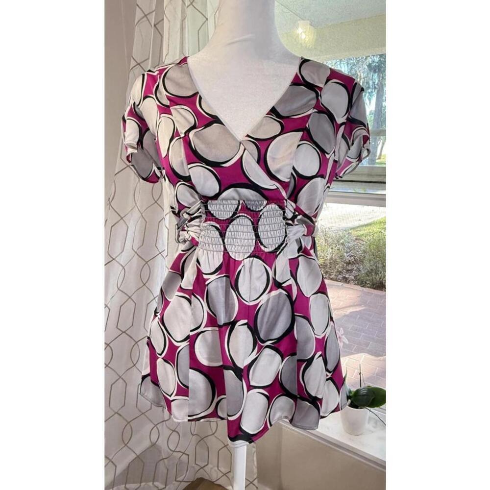 Ann Taylor Y2K Shirt Womens 4 Magenta Gray Geometric Wrap Tie Back Smocked Waist